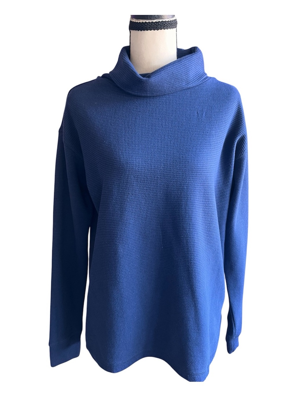 Women’s Blue Waffle Cowl Neck Sweater Size S Minimalist